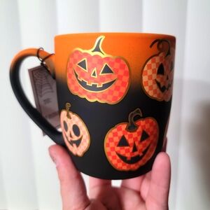 Cobwebs & Cauldrons Orange Checkered Pumpkins Halloween Mug